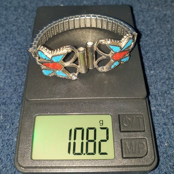 Vintage Native American Inlaid Turquoise & Red Coral Butterfly Silver Watch Band - Picture 10 of 11